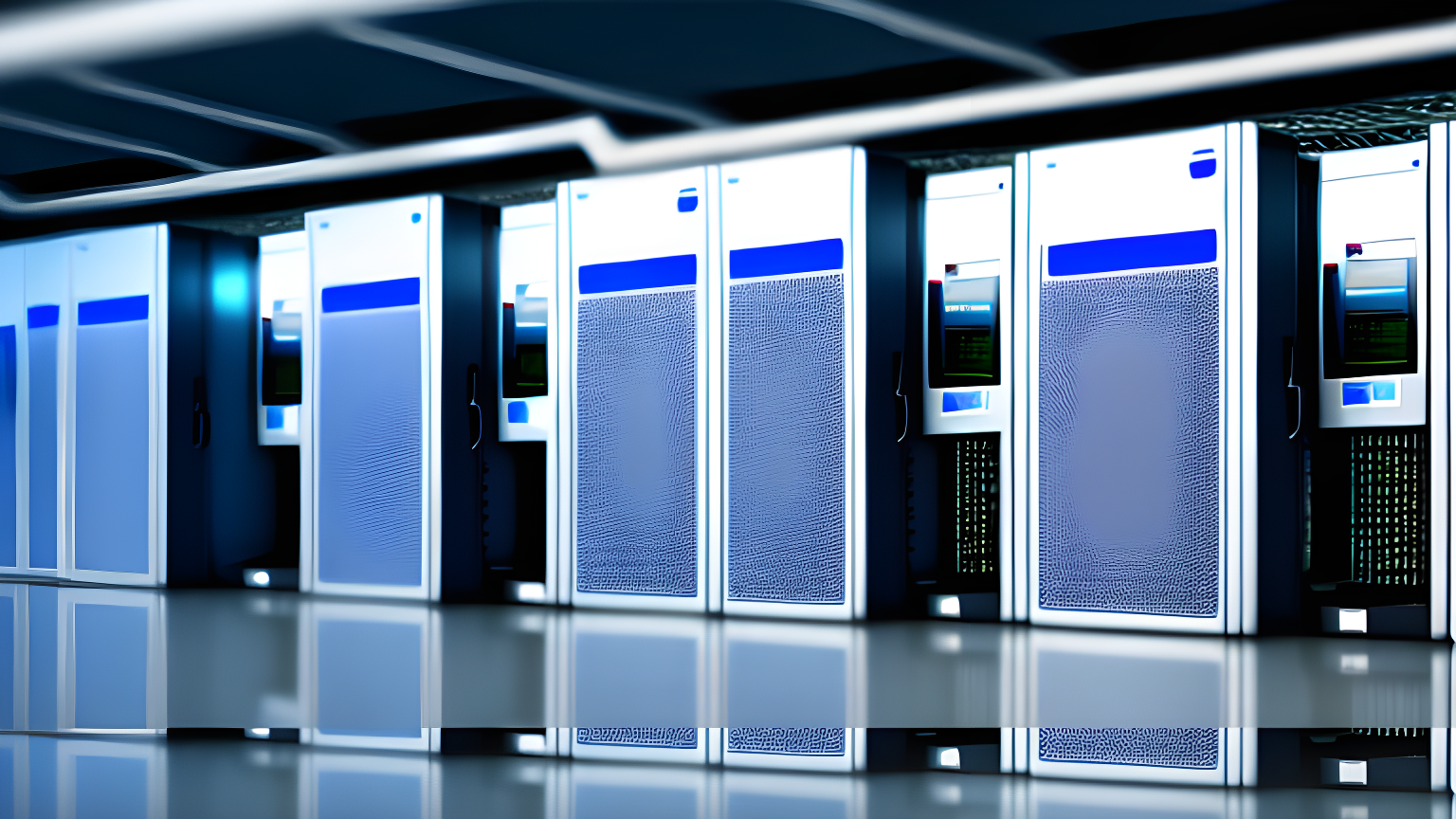 Uma fileira de racks modernos e iluminados para servidores em um data center apresenta hospedagem WordPress de alto desempenho, com piso refletivo e componentes eletrônicos visíveis dentro de algumas unidades.